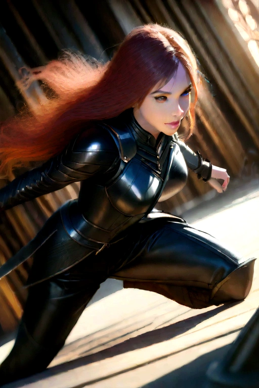 a female knight with long red hair, beautiful detailed eyes, beautiful detailed lips, extremely detailed face, longeyelashes, tight black leather armor, sword and shield, dynamic action pose, dramatic lighting, dark fantasy, cinematic, rich colors, dramatic, intricate details, (best quality,4k,8k,highres,masterpiece:1.2),ultra-detailed,(realistic,photorealistic,photo-realistic:1.37)