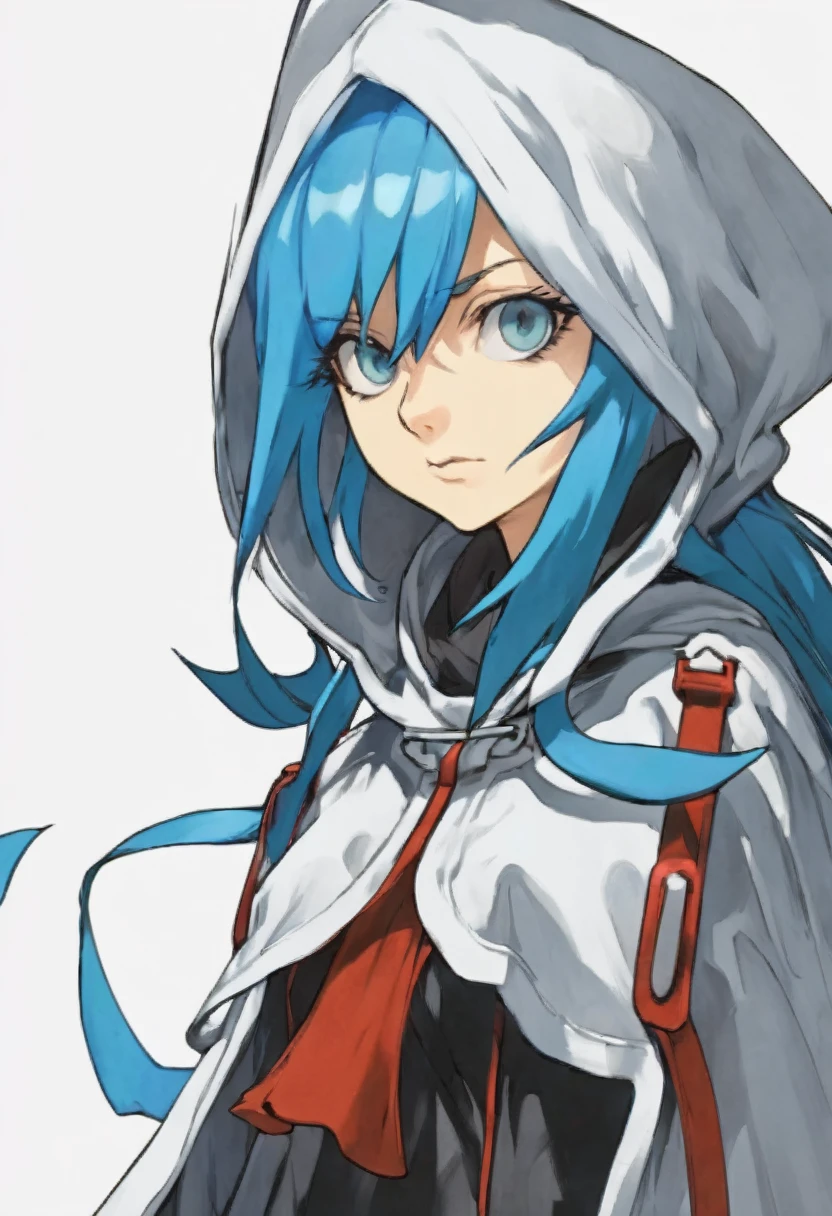 (((((((Girl))))))),((((White Background)))),((((Guilty Gear)))),((Master piece)),(((Character portrait))),Blue Hair,semi-long,Hood,(Expressionless),cool,Confused eyes,White eyes,Cape,((Low exposure))