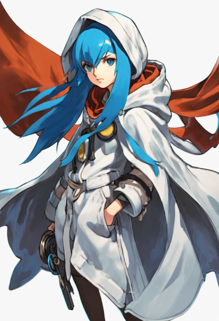 (((((((Girl))))))),((((White Background)))),((((Guilty Gear)))),((Master piece)),(((Character portrait))),Blue Hair,semi-long,Hood,(Expressionless),cool,Confused eyes,White eyes,Cape,((Low exposure))