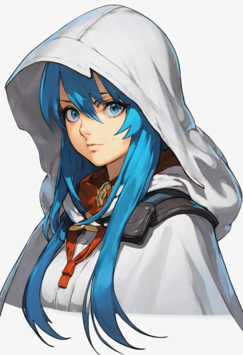 (((((((Girl))))))),((((White Background)))),((((Guilty Gear)))),((Master piece)),(((Character portrait))),Blue Hair,semi-long,Hood,(Expressionless),cool,Confused eyes,White eyes,Cape,((Low exposure))