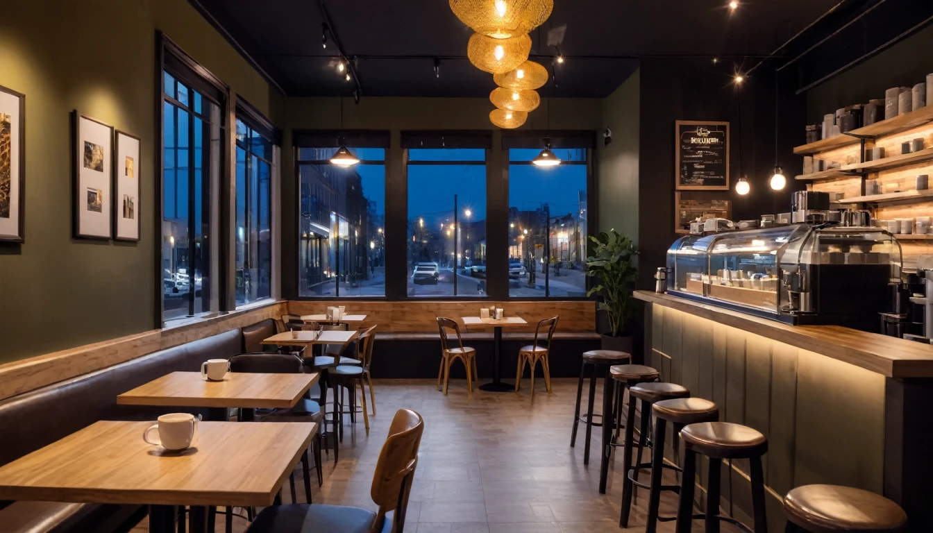 night frontal shot
coffee shop interior tables with coffee
cups and a big window in the center