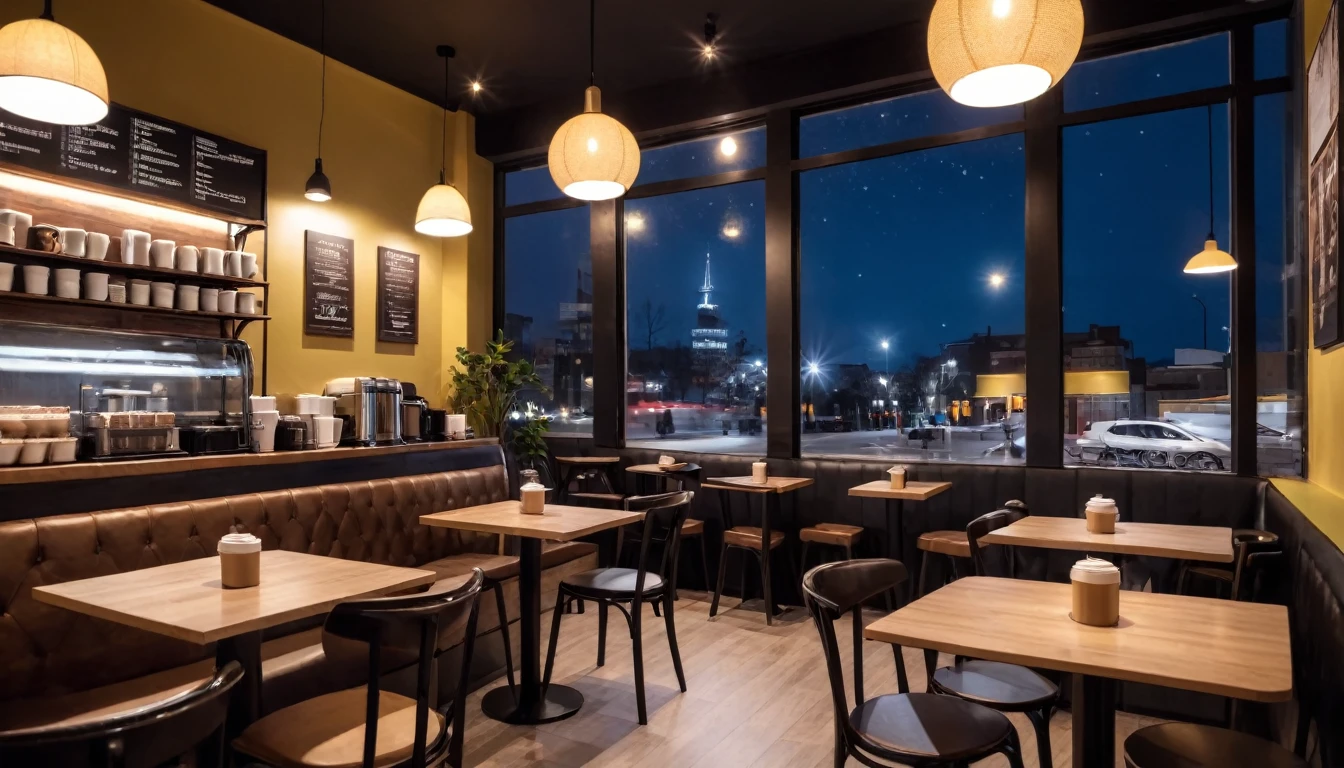  night frontal shot
coffee shop interior tables with coffee
cups and a big window in the center