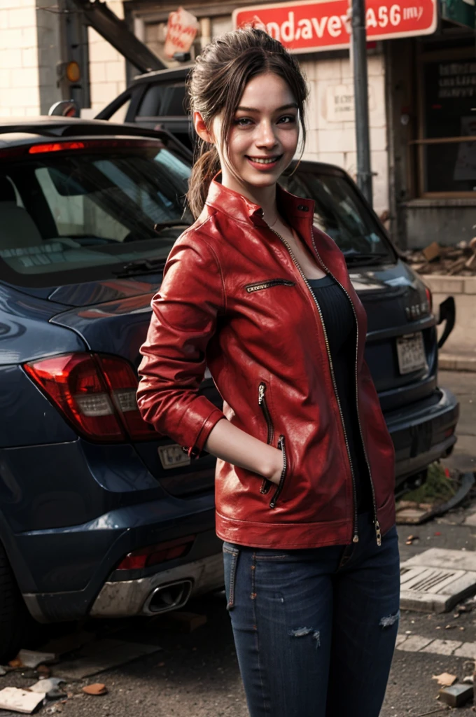 1girl, (realistic),(hyperrealism),(best quality),(masterpiece),(ultra high res),(photorealistic),idol,eye makeup,detailed eyes,detailed face,black dress, claireredfield2, brown hair, (red jacket:1.2), ponytail, (denim pants:1.3),, red wristband,, abandoned street, burning cars in background, littered street, smoke, chaos, zombie apocalypse, daytime, sunny,, hands in pocket, looking at viewer, smiling, closeup shot