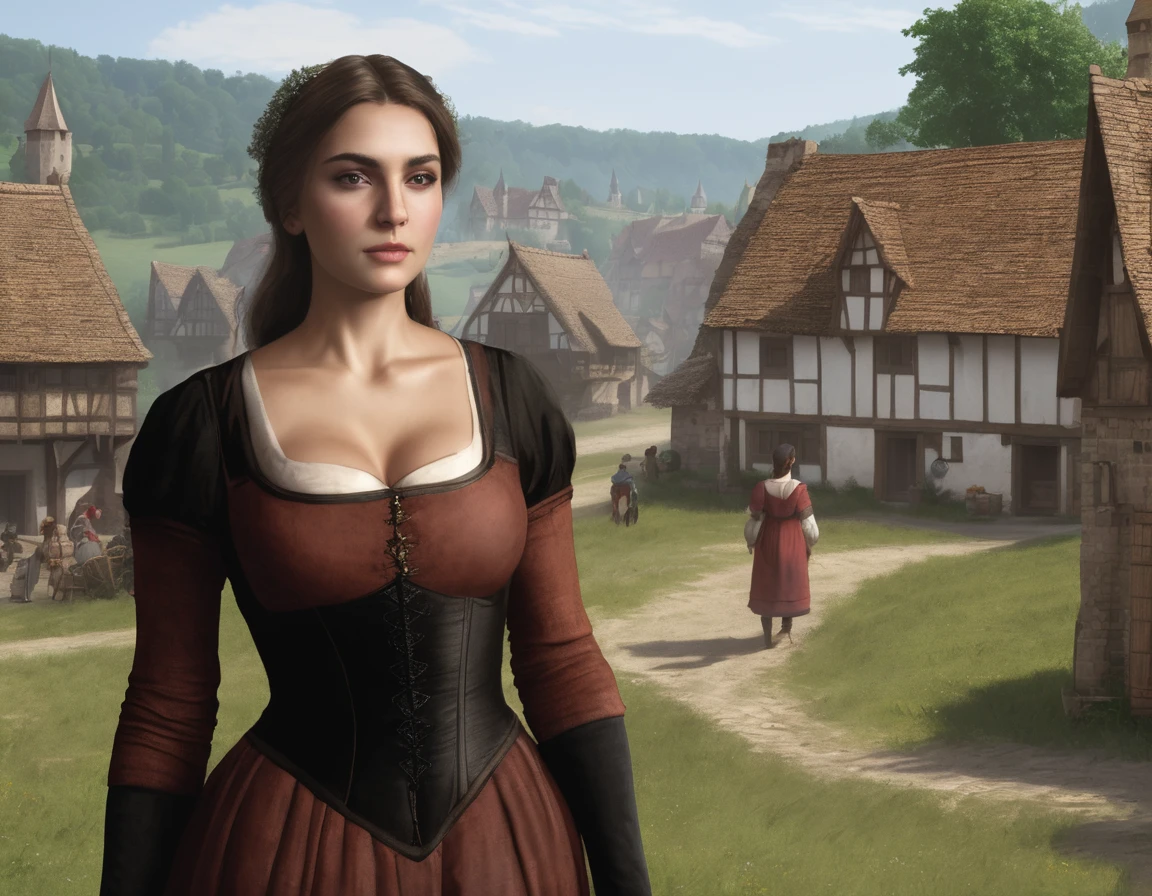 Medieval village, village houses in foreground, manor in background, villager in foreground, young woman, huge breasts, simple clothes