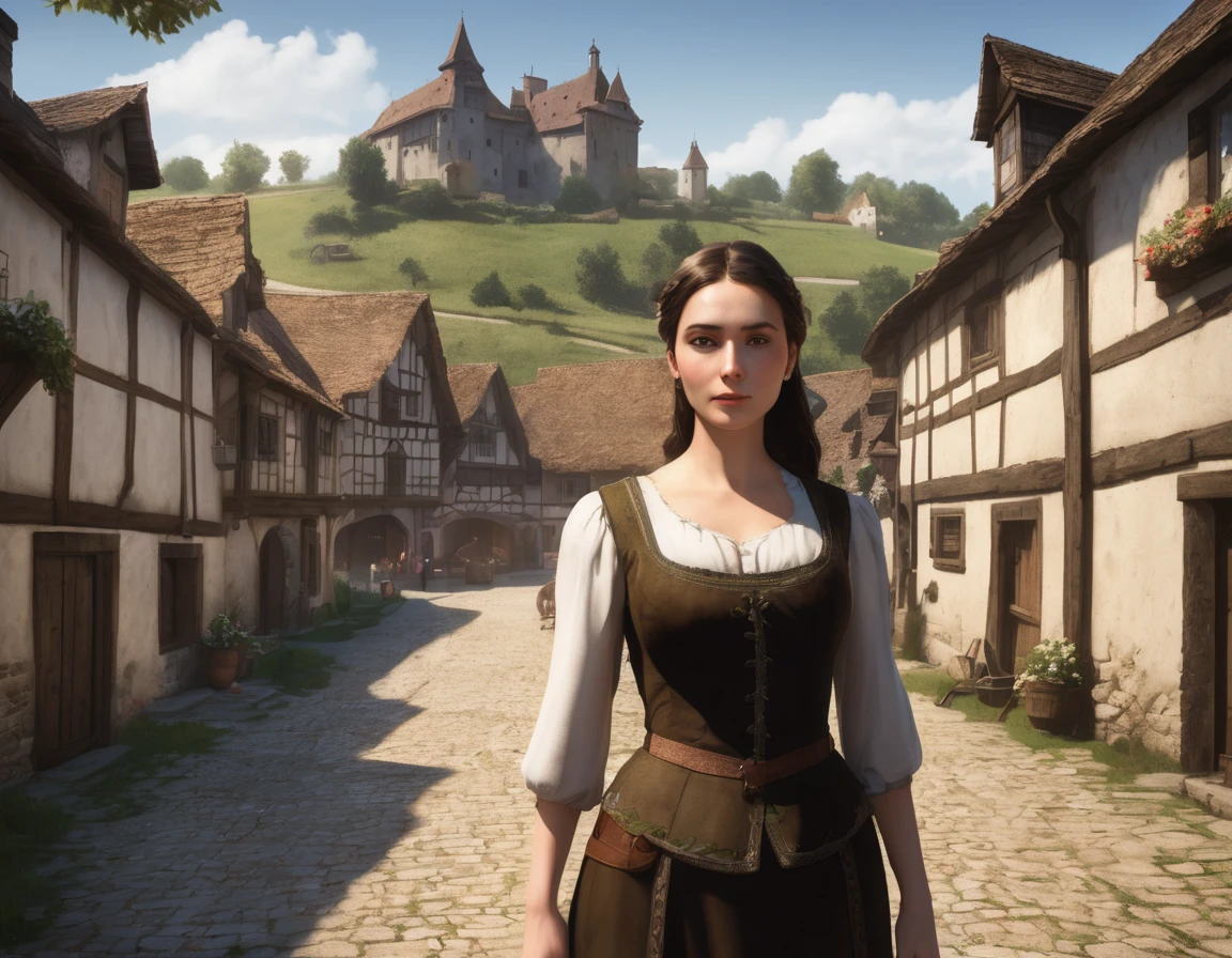 Medieval village, village houses in foreground, manor in background, villager in foreground, young woman, huge breasts, simple clothes