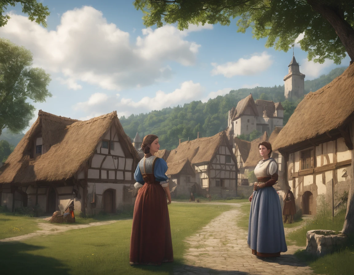 Medieval village, village houses in foreground, manor in background, villager in foreground, young woman, huge breasts, simple clothes