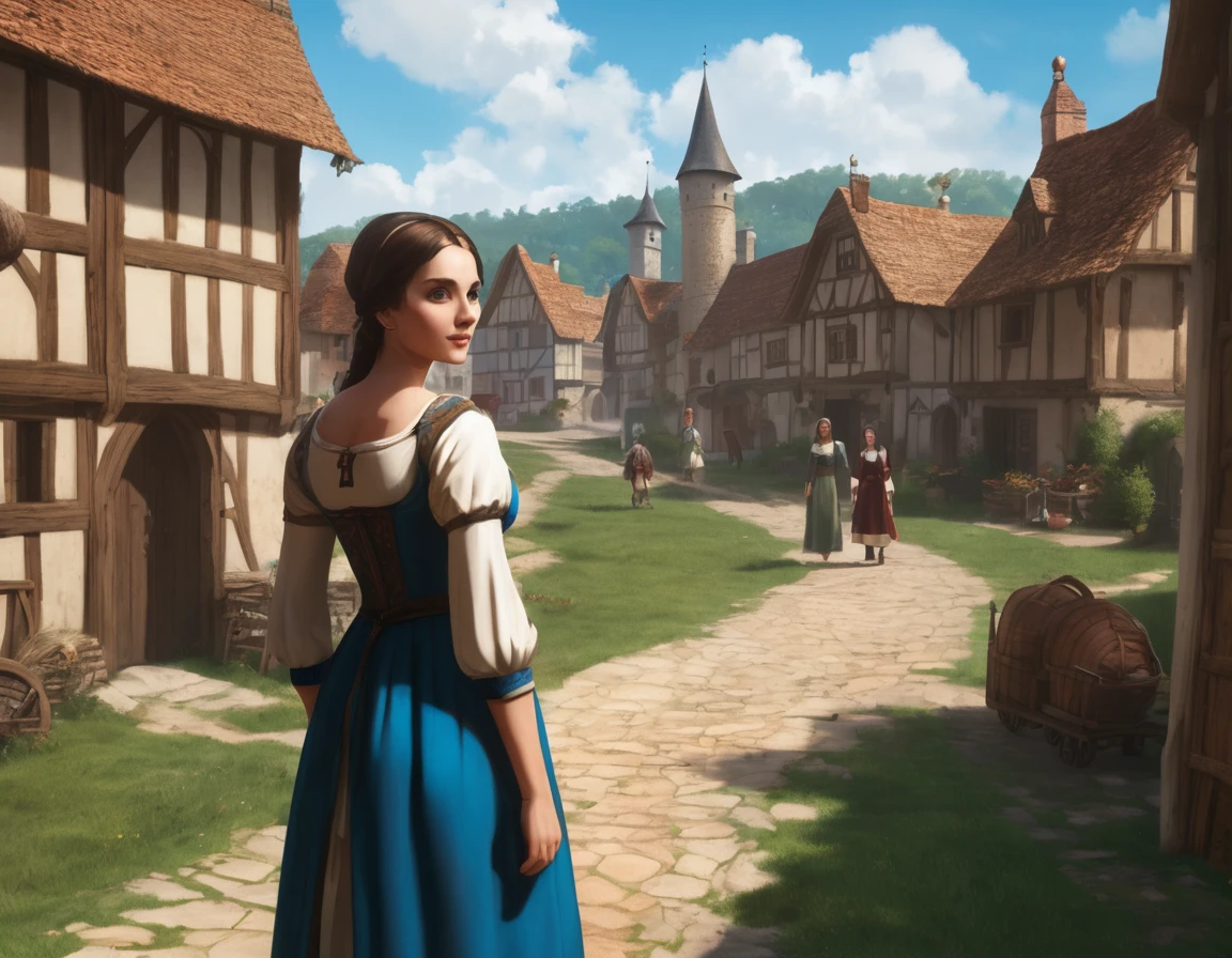 Medieval village, village houses in foreground, manor in background, villager in foreground, young woman, huge breasts, simple clothes