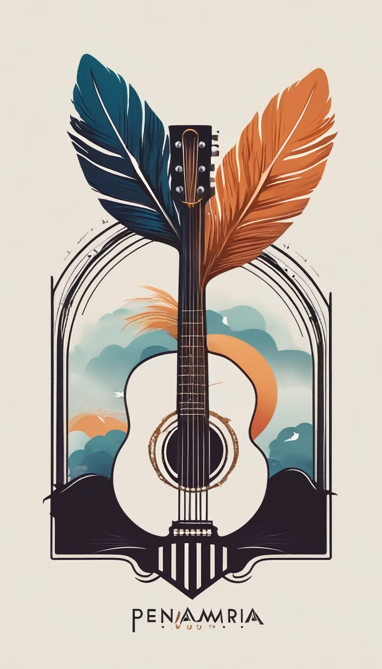 A minimal, modern, simple, cinematic logo design for the brand “Penamemoria". The logo design of a boy with a head of a feather playing acoustic guitar. The logo must convey a sense of music, stories and dreams. Minimalistic logo design of a boy dissolving into a feather of dreams and memories