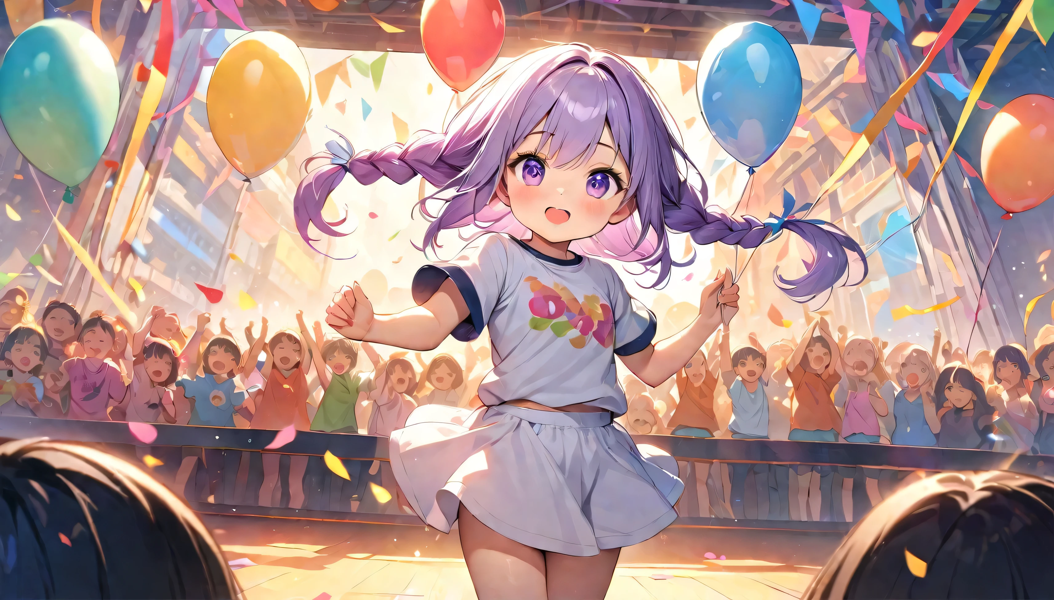 (Best quality, 8K, 32k, masterpiece, Ultra HD:1.3), (Children's Day illustration), Two children in short-sleeved T-shirts and short skirts cheering with their hands raised on the stage, yinji, Purple Hair, Purple Eyes, Long hair, White hair, Double braid, Gradient hair, Bright and warm, There are streamers and balloons everywhere., Crowd cheering. Characters make up only a small part of the picture.