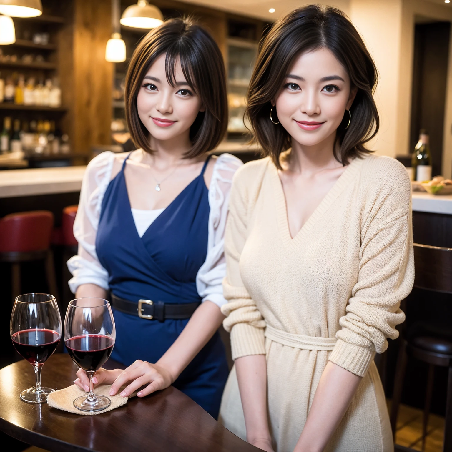 ((Highest quality、8K、masterpiece:1.3))、Yuuko Araki、slimカップル、modelカップル、(Realistic, Intricate details:1.2), full-course dinner、Wine Party、Amazing view of the sunset sky and clouds、A bright smile、The wonderfulness of smile、Bright image、The beauty of wine, Beautiful Face, blue eyes, The light shines on your face, Blushing, short hair,Bright Face、 (Age 37), 39 years old, red wine 、Appetizers、Italian food、Wine bottle、Champagne、sparkling wine、Two beauties、Brown Hair、Shortcuts、Long sleeve shirt、dress、Beautiful woman 1, (slimな顔), (The body is slim), (Brown Hair), (Shortcuts), cheeks turn a little red,Attractive beauty、restaurant, In a prominent place (From the waist up) Nova Frog Style, actress, model, Upper Body, White wine, slim, wine glass, 中央に置かれたwine glass, smile, (smile: 1.15), Beautiful fine grain, Depth f/2,saturation, High Contrast, Strong light and shadow,Moist Body:1.5、3D texture、Delicate eyes、Brown Hair、The hair is very shiny、
