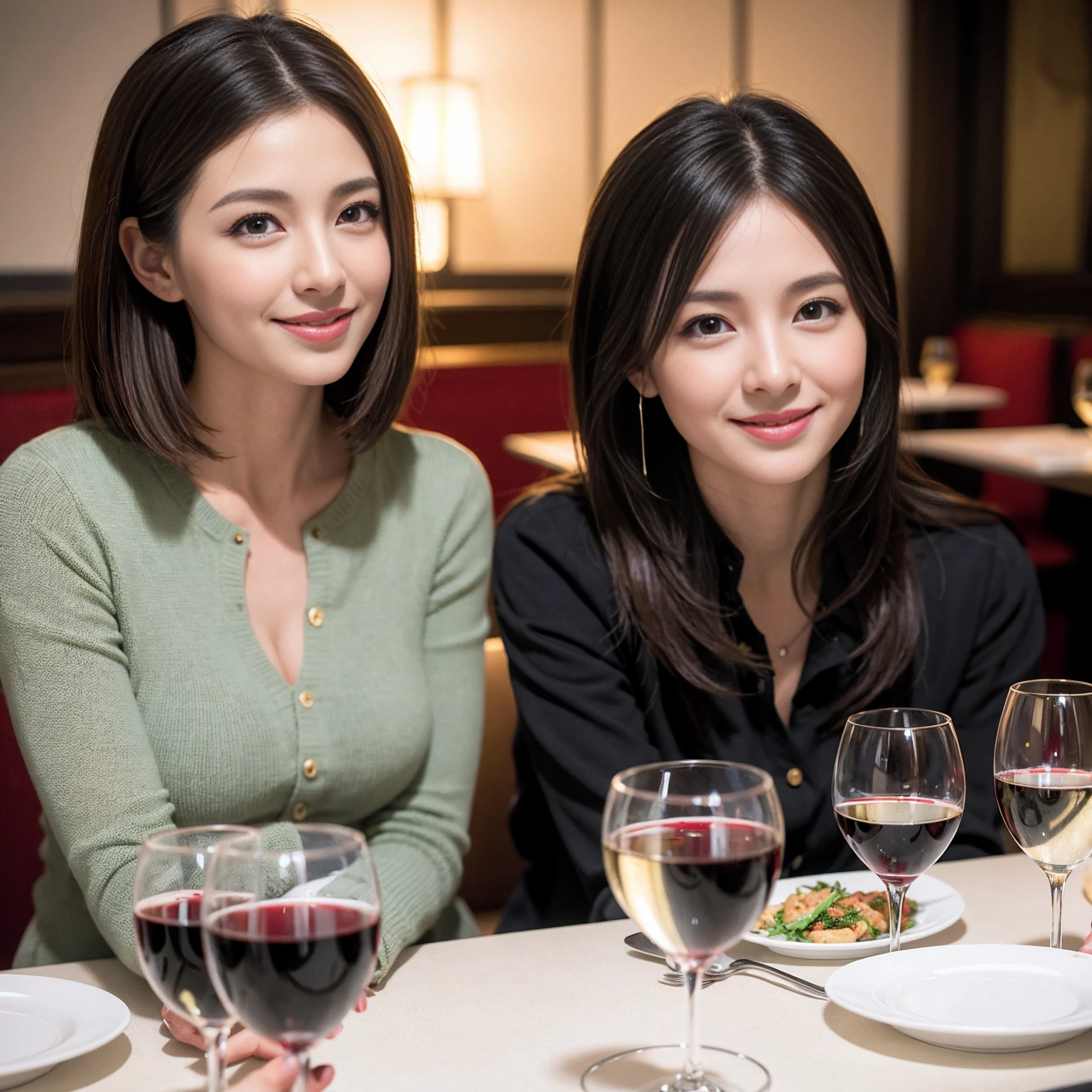 ((Highest quality、8K、masterpiece:1.3))、Yuuko Araki、slimカップル、modelカップル、(Realistic, Intricate details:1.2), full-course dinner、Wine Party、Amazing view of the sunset sky and clouds、A bright smile、The wonderfulness of smile、Bright image、The beauty of wine, Beautiful Face, blue eyes, The light shines on your face, Blushing, short hair,Bright Face、 (Age 37), 39 years old, red wine 、Appetizers、Italian food、Wine bottle、Champagne、sparkling wine、Two beauties、Brown Hair、Shortcuts、Long sleeve shirt、dress、Beautiful woman 1, (slimな顔), (The body is slim), (Brown Hair), (Shortcuts), cheeks turn a little red,Attractive beauty、restaurant, In a prominent place (From the waist up) Nova Frog Style, actress, model, Upper Body, White wine, slim, wine glass, 中央に置かれたwine glass, smile, (smile: 1.15), Beautiful fine grain, Depth f/2,saturation, High Contrast, Strong light and shadow,Moist Body:1.5、3D texture、Delicate eyes、Brown Hair、The hair is very shiny、
