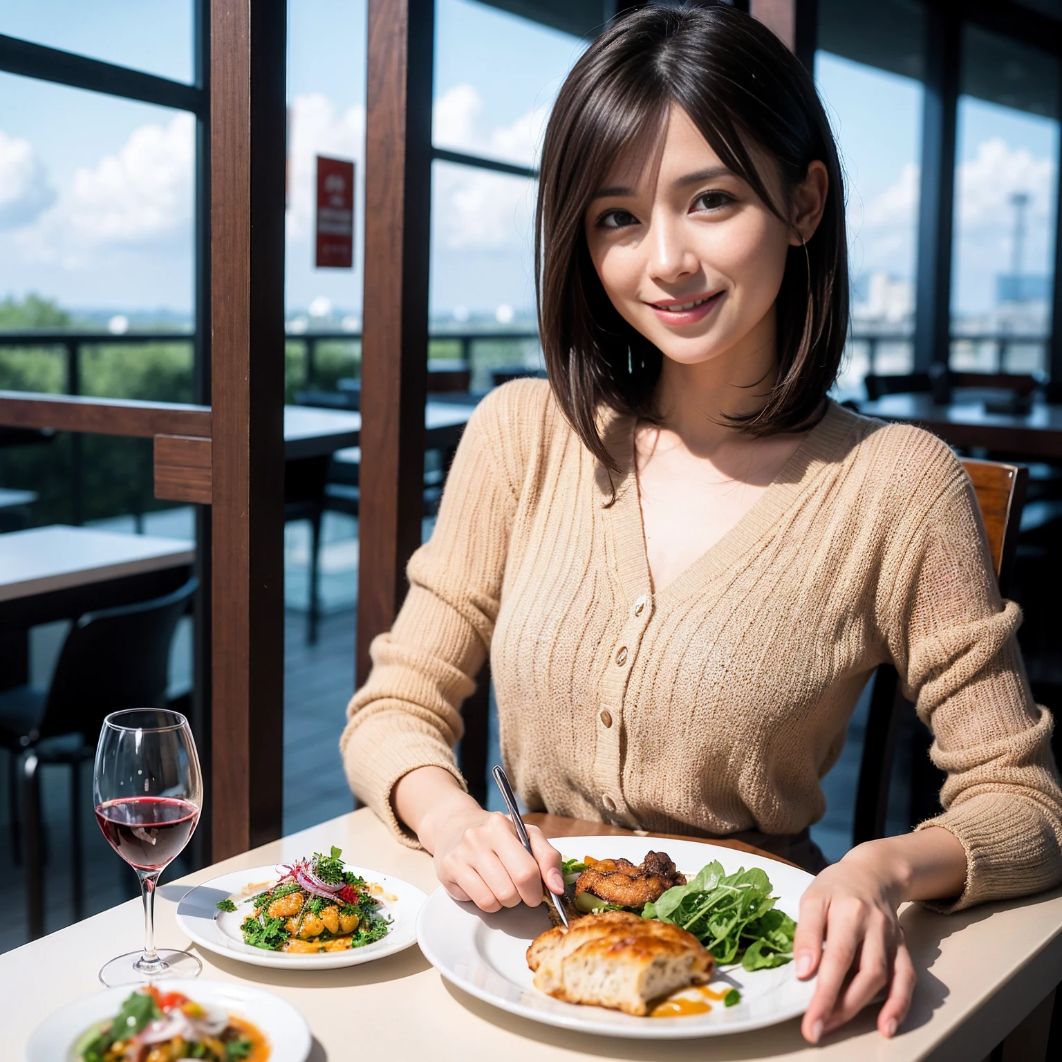 ((Highest quality、8K、masterpiece:1.3))、Yuuko Araki、slimカップル、modelカップル、(Realistic, Intricate details:1.2), full-course dinner、Wine Party、Amazing view of the sunset sky and clouds、A bright smile、The wonderfulness of smile、Bright image、The beauty of wine, Beautiful Face, blue eyes, The light shines on your face, Blushing, short hair,Bright Face、 (Age 37), 39 years old, red wine 、Appetizers、Italian food、Wine bottle、Champagne、sparkling wine、Two beauties、Brown Hair、Shortcuts、Long sleeve shirt、dress、Beautiful woman 1, (slimな顔), (The body is slim), (Brown Hair), (Shortcuts), cheeks turn a little red,Attractive beauty、restaurant, In a prominent place (From the waist up) Nova Frog Style, actress, model, Upper Body, White wine, slim, wine glass, 中央に置かれたwine glass, smile, (smile: 1.15), Beautiful fine grain, Depth f/2,saturation, High Contrast, Strong light and shadow,Moist Body:1.5、3D texture、Delicate eyes、Brown Hair、The hair is very shiny、