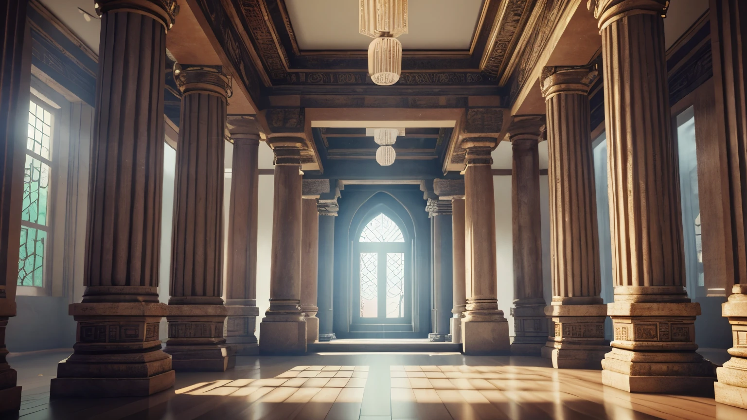 a view of a hallway in a temple with columns and a light coming through the window, HINDU TEMPLE, mysterious temple setting, temple background, ancient temple, unreal engine 5 render dramatic, a mystical temple, sacred ancient architecture, detailed unreal engine 5 render, CINEMATIC COLOUR, from inside a temple, background depicting a temple, ancient. atmospheric lighting, unreal engine 5 rendered, unreal engine 5 lighting