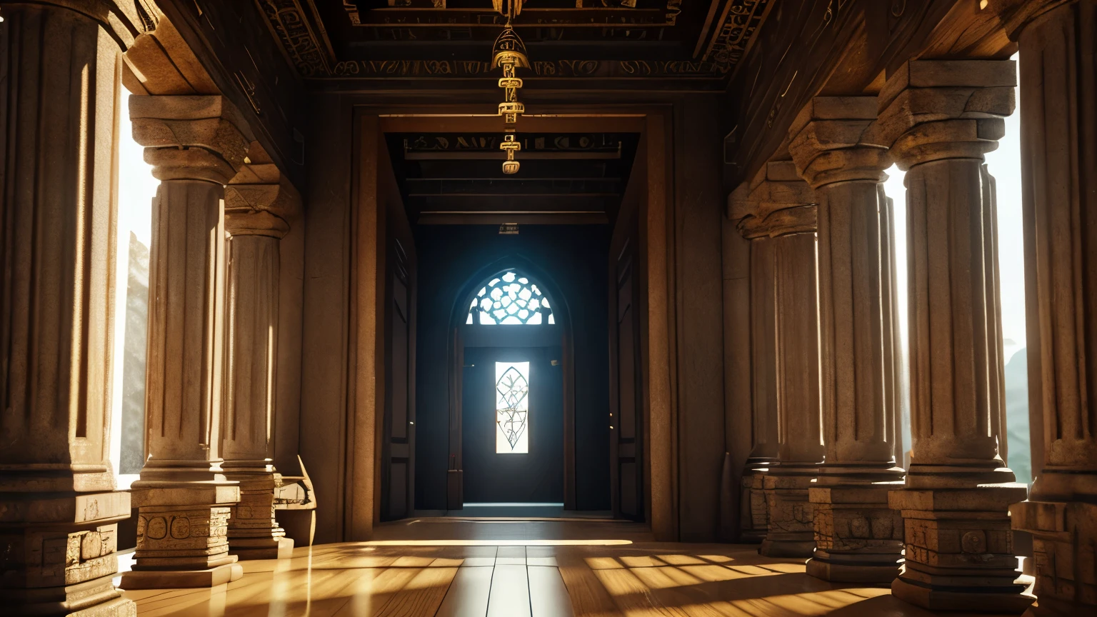 a view of a hallway in a temple with columns and a light coming through the window, HINDU TEMPLE, mysterious temple setting, temple background, ancient temple, unreal engine 5 render dramatic, a mystical temple, sacred ancient architecture, detailed unreal engine 5 render, CINEMATIC COLOUR, from inside a temple, background depicting a temple, ancient. atmospheric lighting, unreal engine 5 rendered, unreal engine 5 lighting
