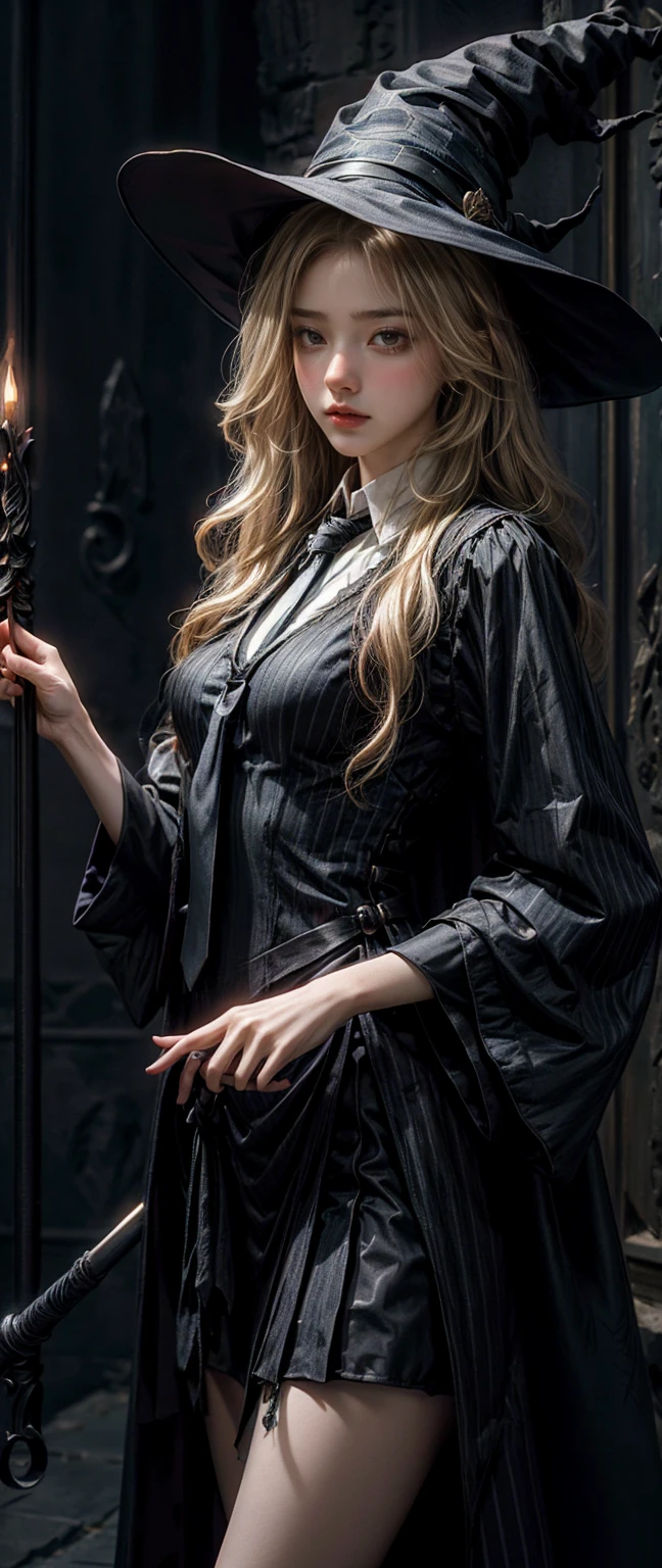 Witch Girl,Long, light blonde hair,Black-blue witch ,Wear a blue-black striped tie., Holding a magic wand to cast spells ,Highest quality, Highest picture quality, high resolution, realistic, 8K, Highly detailed,In a small dark medieval room