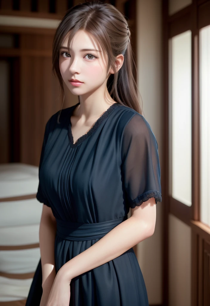 8K, of the highest quality, masutepiece:1.2), (Realistic, Photorealsitic:1.37), of the highest quality, masutepiece, Beautiful young woman, Pensive expression, Thoughtful look, Cute Maid Clothes, Hair tied back, Messy mood, Cinematic background, Light skin tone