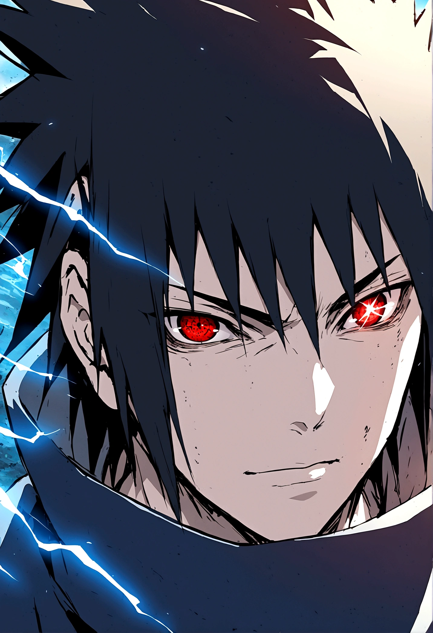 sasuke uchiha, blue lightning bolt in one hand, chidory, half body, sharingan in eyes, ready to fight, hight quality, red eyes, whole head,