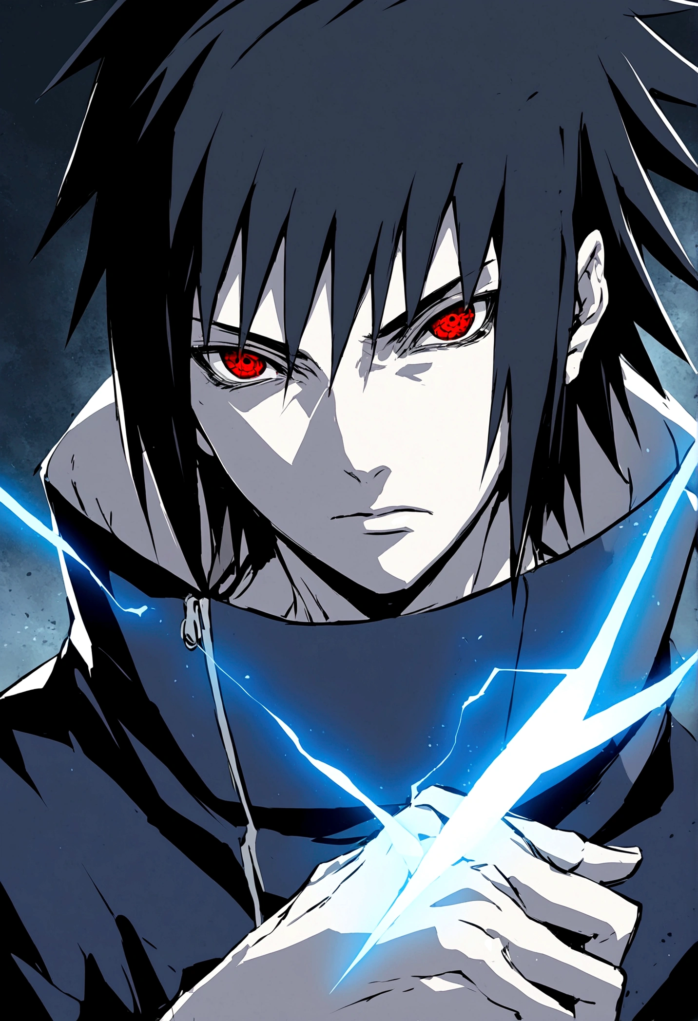 sasuke uchiha, blue lightning bolt in one hand, chidory, half body, sharingan in eyes, ready to fight, hight quality, red eyes, whole head,