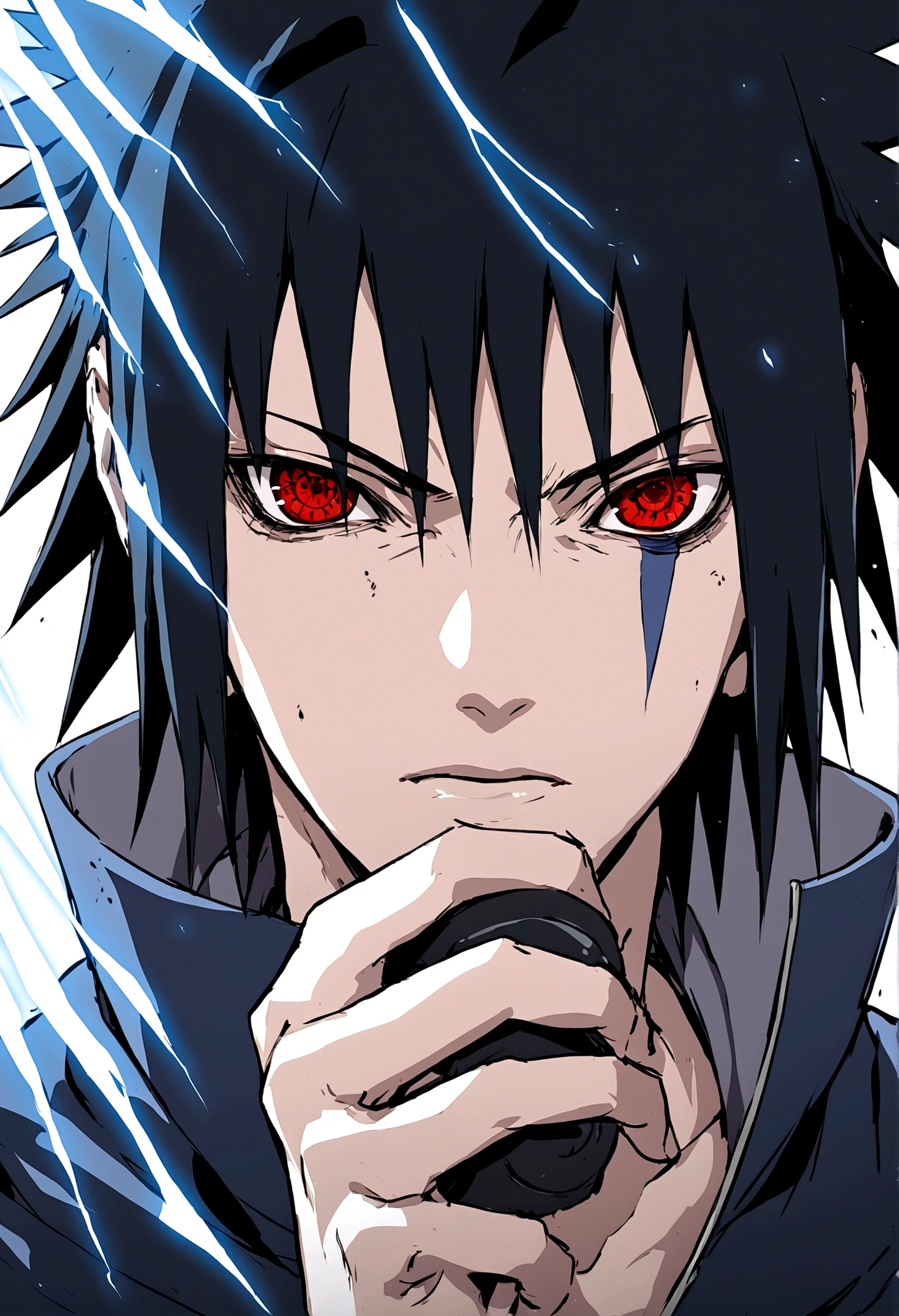 sasuke uchiha, blue lightning bolt in one hand, chidory, half body, sharingan in eyes, ready to fight, hight quality, red eyes, whole head,