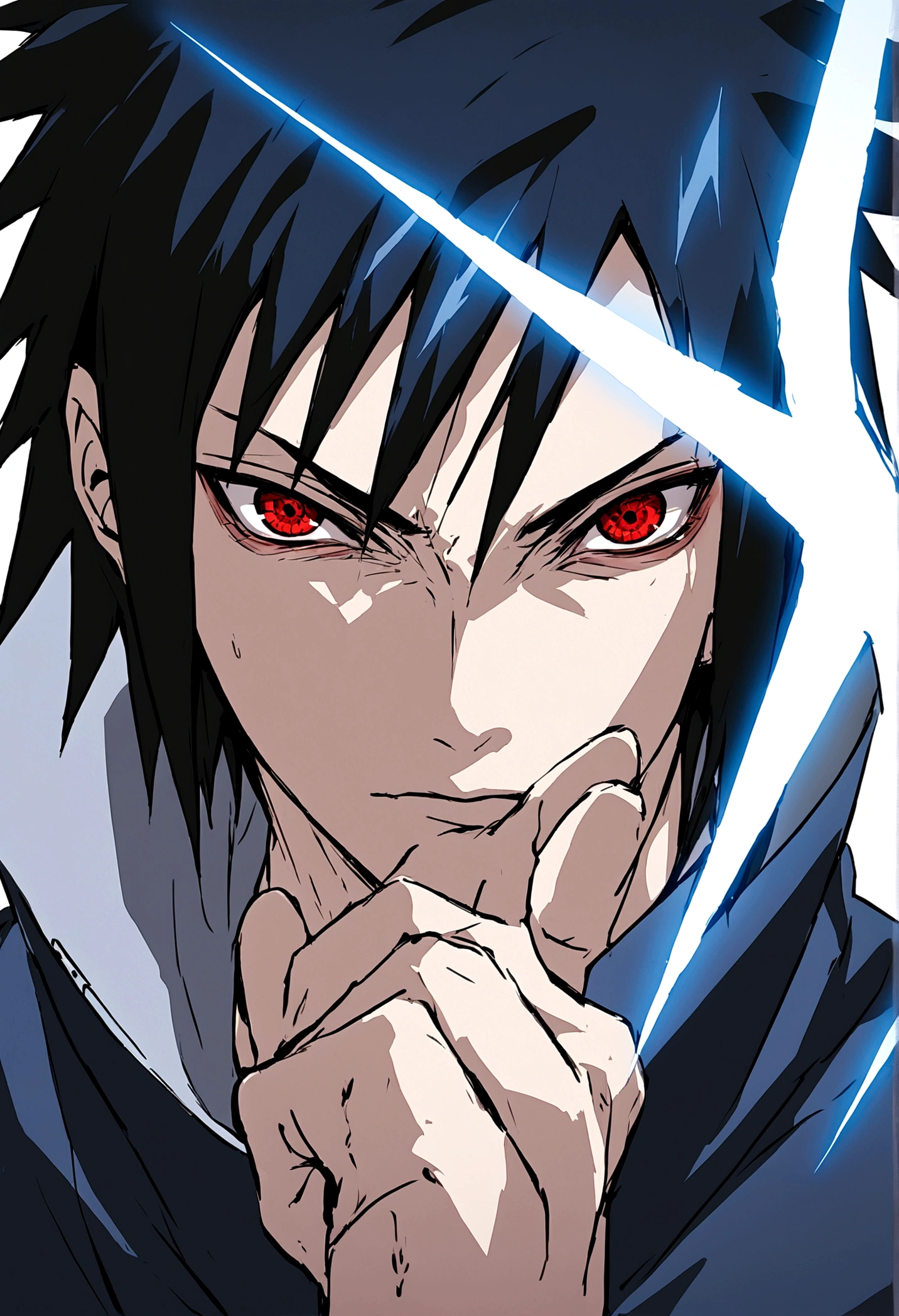 sasuke uchiha, blue lightning bolt in one hand, chidory, half body, sharingan in eyes, ready to fight, hight quality, red eyes, whole head,