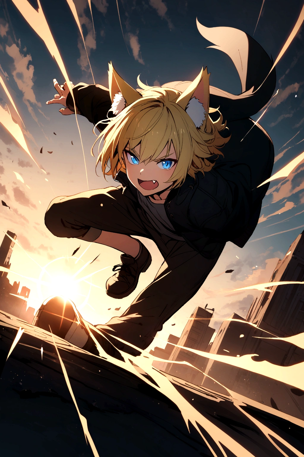 Boy with blonde hair, black fox ears, blue eyes, two fang teeth, black jacket, 