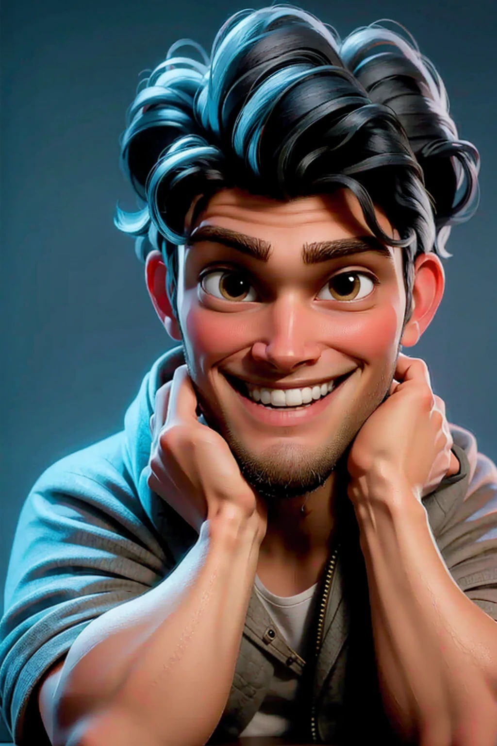 PNg render of a young man sitting at a modern marble desk looking into the camera, the man is wearing a dark hoodie, filmmaker neaon blue background cruffy short black hairn hands on table, clear skin texture, cinematic, warm, soft, lighting, close portrait, smiling, 24MM Lens, F/1.4, Ar 9:16, in the style of a disney pixar character