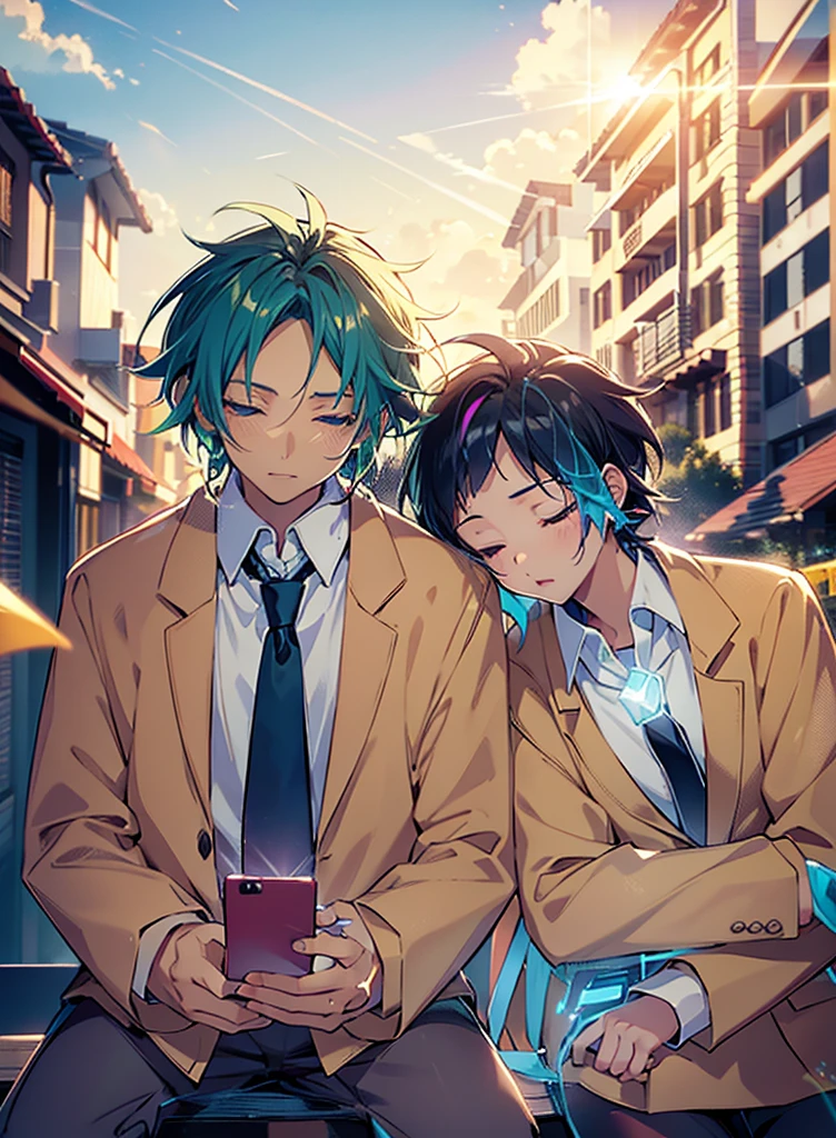Two boys，Shoulder to Shoulder，Close your eyes，sleep，The person on the left has blond hair，The person on the right has dark blue hair，Blue-green school uniform，White shirt，Red tie，Black pants，Sitting on a bench，background是Sunset，Sunset，sunset，美丽的Sunset，Sunset光影，Backlight，Correct warm lighting，8K，Correct human body，Detailed eye painting，illustration，Highest quality，Exquisite，Detailed face，Masterpiece，flat chest，Slim，young，16 years old，High-end，Hand Painted，Official Fanart, Visual novel, Anime style，Girly Romance, Produced by Anime Painter Studio，Crafted glow, lens flare, background,rich and colorful, Super Detail, High Dynamic Range, Ultra detailed eyes, Made of paint, Completely painted, clatter，溅es of colour absolutely eye-catching, Dynamic Angle, Beautiful and delicate light, Ambient Light遮蔽, Ambient Light, Ray traced reflections，masterpiece, best quality, Sharp focus, Intricate details, Perfect, Golden Ratio Composition, 8K resolution, High resolution, fair, fair sky, Vibrant pastel colors, Vibrant colors