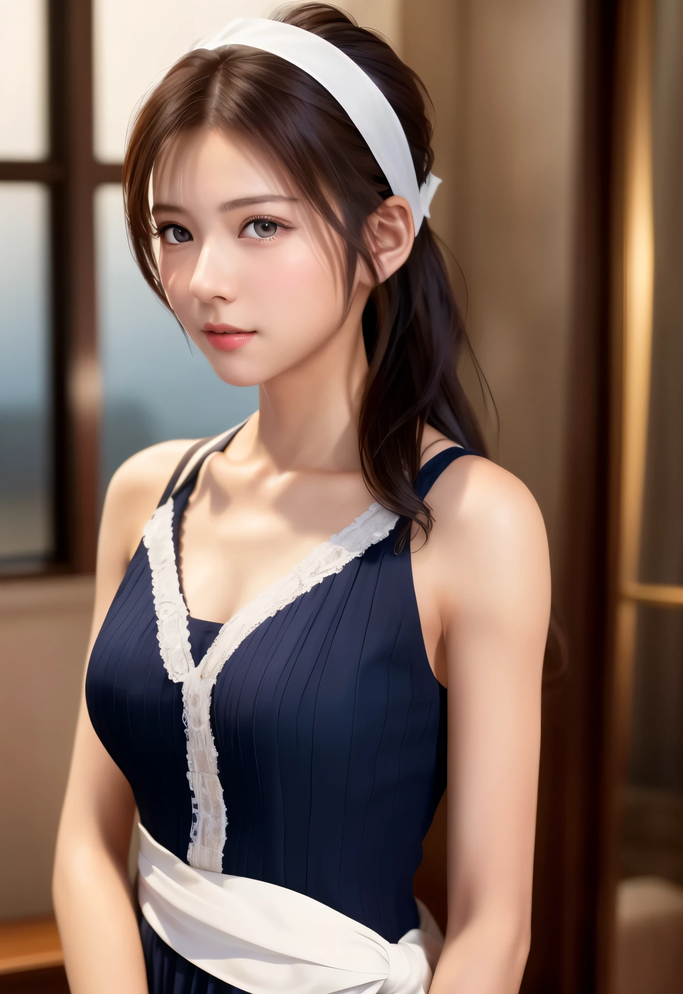 8K, of the highest quality, masutepiece:1.2), (Realistic, Photorealsitic:1.37), of the highest quality, masutepiece, Beautiful young woman、A charming、and an inviting look, Cute Maid Clothes, Hair tied back, Cinematic background, Light skin tone