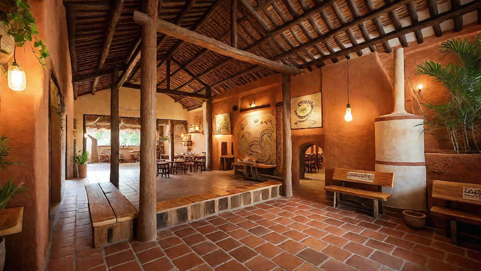 Rustic restaurant, primary material clay, rustic furniture, clay walls and decor, wooden tables and chairs, warm earthy tones, cozy ambiance, natural lighting, artisanal pottery, handmade elements, open layout, inviting atmosphere