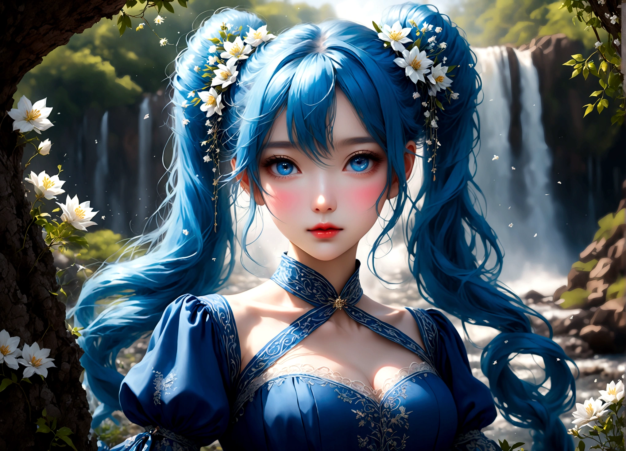 She was wearing a wide-sleeved, double-breasted shirt，White flowers embroidered on the dress，It's like a star in the night sky，There is a blue ribbon tied around the waist，It contrasts sharply with her clothes.，Eye-catching。Her twin ponytails flow like a waterfall，Gently fluttering in the breeze。Her blue eyes are deep and bright，Like the brightest star in the night sky，Reveals a fascinating sense of mystery。Her red lips are so beautiful，It's like a blooming flower，People can't help but want to kiss Fangze。Her face is beautiful，With a faint smile，Gives people a feeling of warmth。 a giant tree, giant tree,(masterpiece:1.2,best quality),(depth of field:1.6),(real picture intricate details),looking at viewer,standing,Portrait Of Stunningly Beautiful Girl,1girl,独奏,(big eyes), Ice Blue hair,short_twintails_Bunches, blue Lace dress,Her temperament is noble and elegant，As if he were a nobleman from a noble family.。Confidence and calm attitude give people an invisible charm。Her figure is slim and graceful，Like a carefully carved work of art。Light and smooth movements，Like a dancer in a dance，Every movement is full of life force and beauty.。