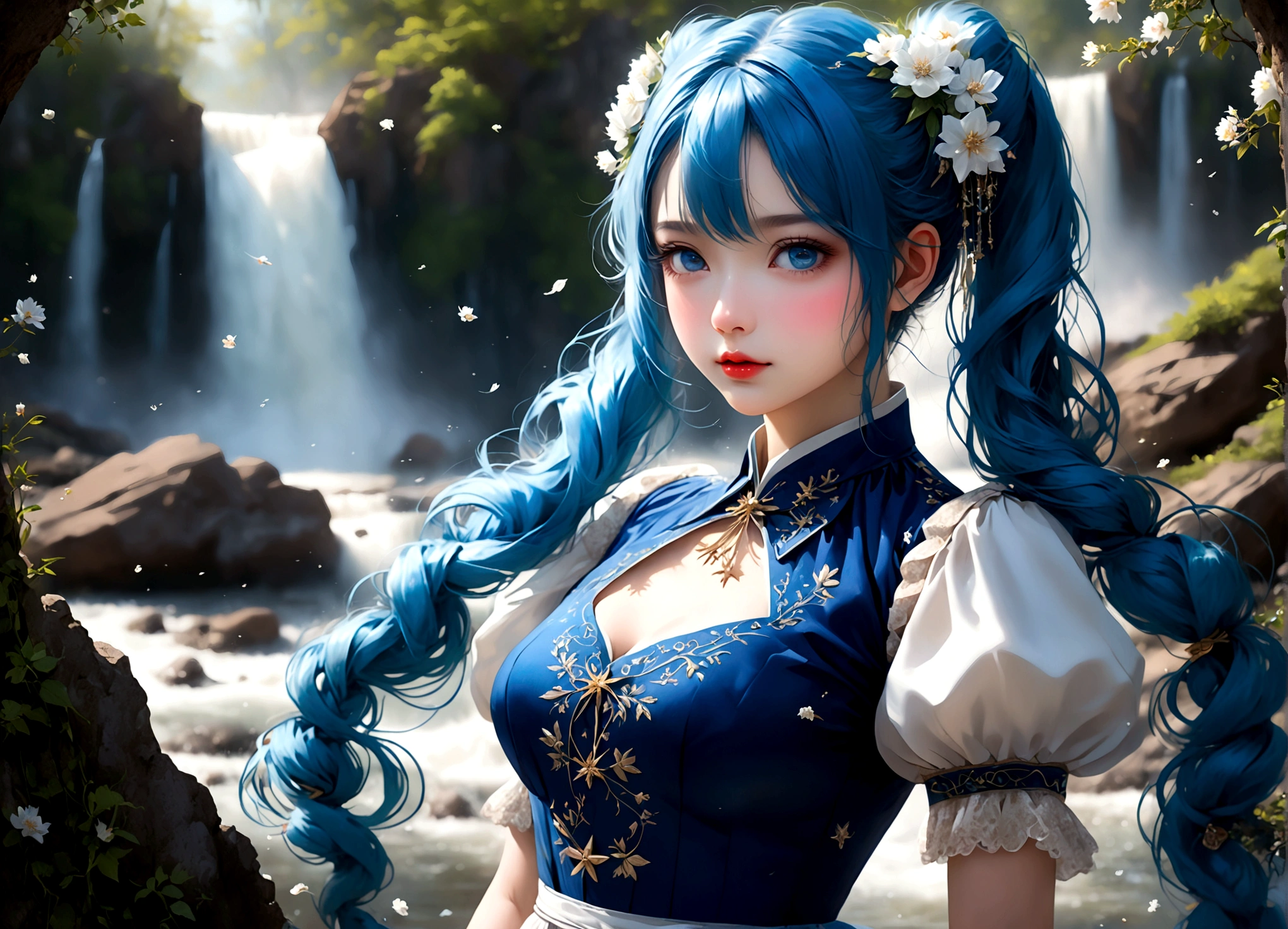 She was wearing a wide-sleeved, double-breasted shirt,White flowers embroidered on the dress,It's like a star in the night sky,There is a blue ribbon tied around the waist,It contrasts sharply with her clothes.,Eye-catching。Her twin ponytails flow like a waterfall,Gently fluttering in the breeze。Her blue eyes are deep and bright,Like the brightest star in the night sky,Reveals a fascinating sense of mystery。Her red lips are so beautiful,It's like a blooming flower,People can't help but want to kiss Fangze。Her face is beautiful,With a faint smile,Gives people a feeling of warmth。 a giant tree, giant tree,(masterpiece:1.2,best quality),(depth of field:1.6),(real picture intricate details),looking at viewer,standing,Portrait Of Stunningly Beautiful Girl,1girl,独奏,(big eyes), Ice Blue hair,short_twintails_Bunches, blue Lace dress,Her temperament is noble and elegant,As if he were a nobleman from a noble family.。Confidence and calm attitude give people an invisible charm。Her figure is slim and graceful,Like a carefully carved work of art。Light and smooth movements,Like a dancer in a dance,Every movement is full of life force and beauty.。