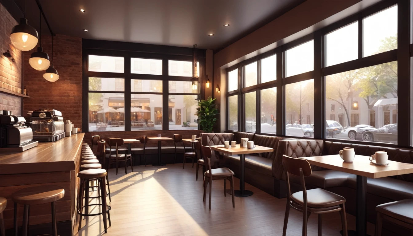 a coffee shop interior, a large window in the center, tables with coffee cups, warm lighting, cozy atmosphere, detailed textures, photorealistic