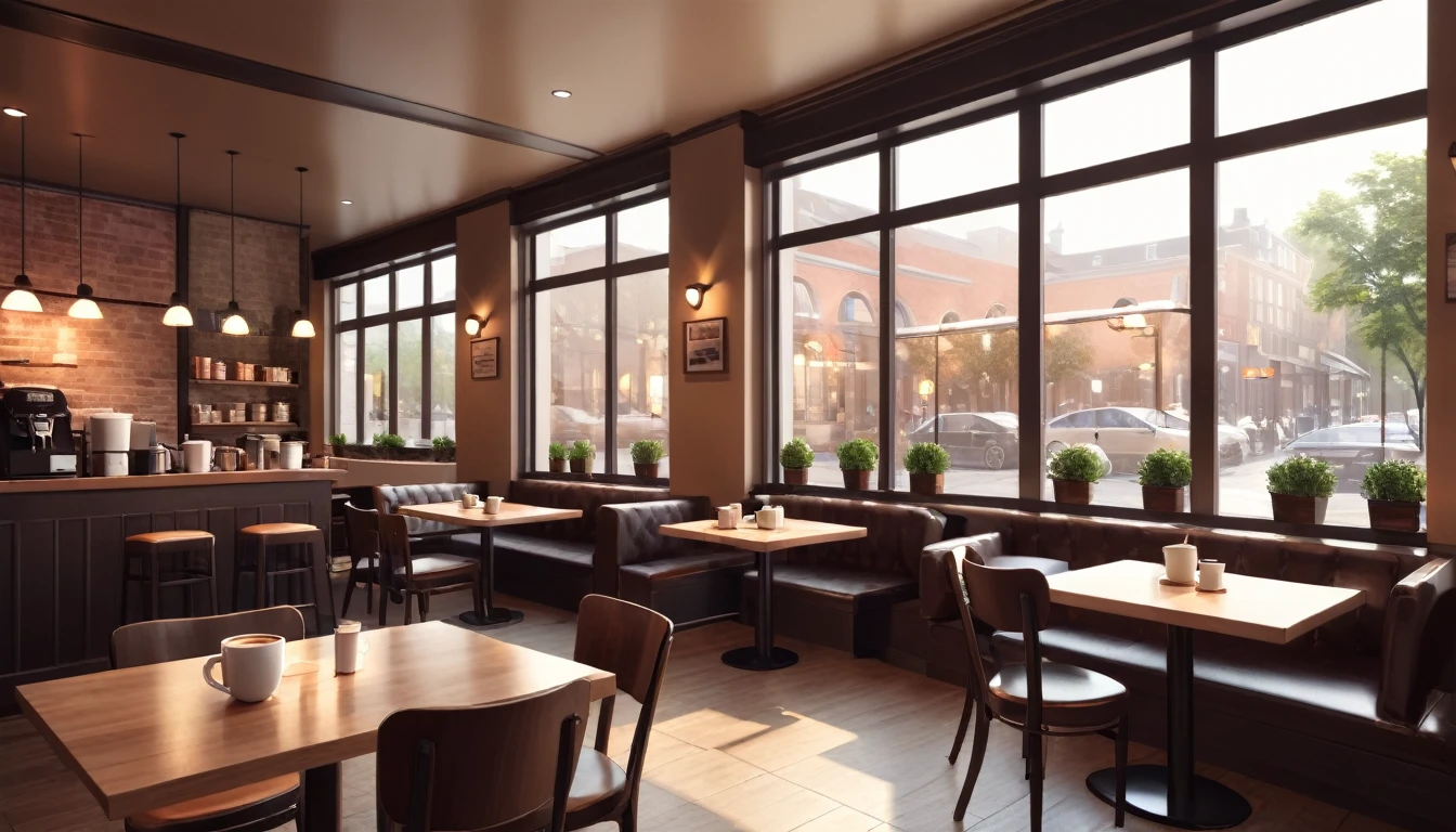 a coffee shop interior, a large window in the center, tables with coffee cups, warm lighting, cozy atmosphere, detailed textures, photorealistic