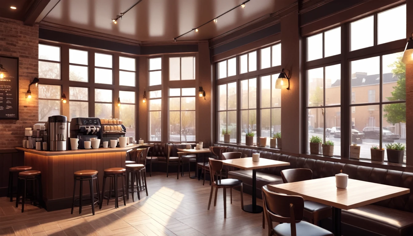 a coffee shop interior, a large window in the center, tables with coffee cups, warm lighting, cozy atmosphere, detailed textures, photorealistic