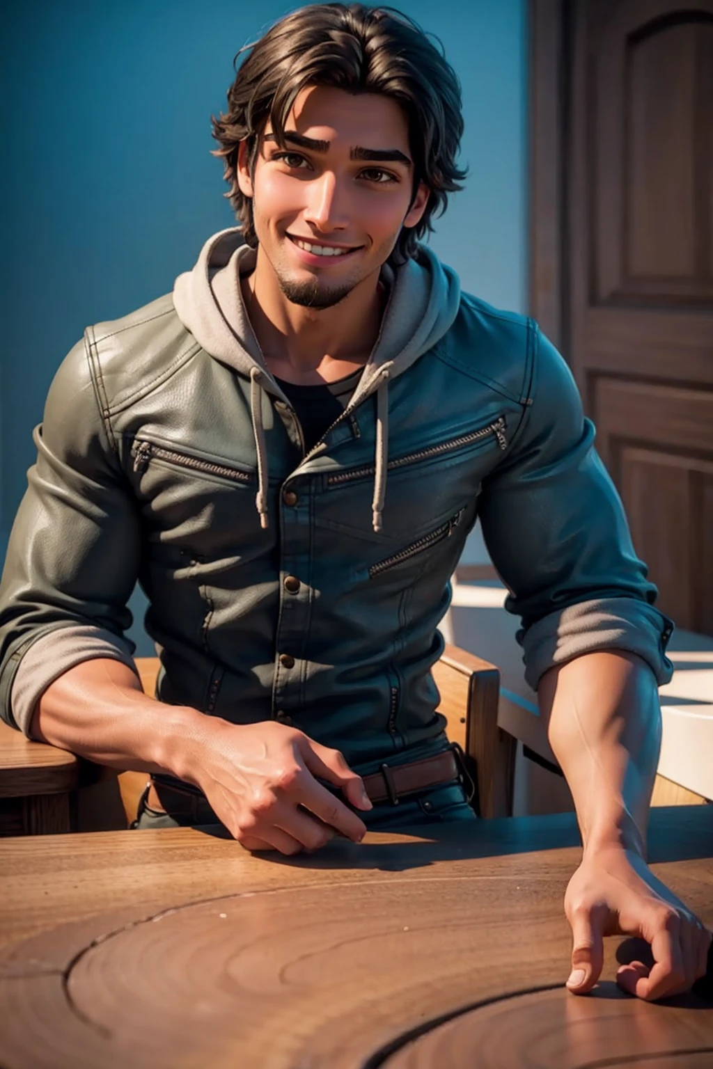 PNg render of a young man sitting at a modern marble desk looking into the camera, the man is wearing a dark hoodie, filmmaker neaon blue background cruffy short black hairn hands on table, clear skin texture, cinematic, warm, soft, lighting, close portrait, smiling, 24MM Lens, F/1.4, Ar 9:16, in the style of a disney pixar character