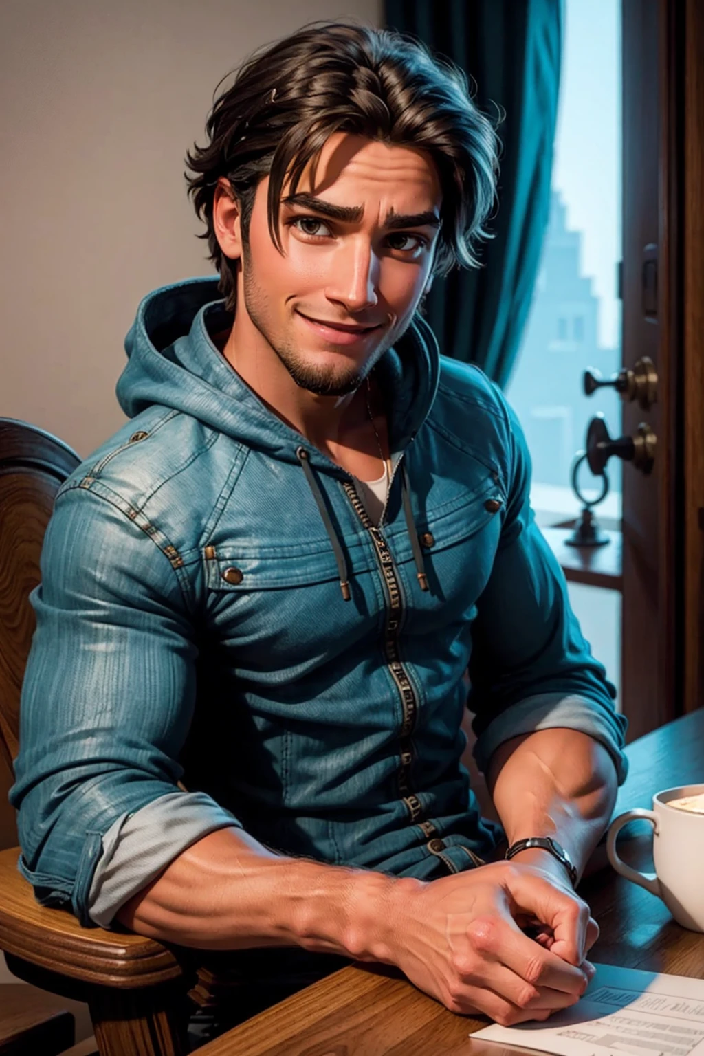 PNg render of a young man sitting at a modern marble desk looking into the camera, the man is wearing a dark hoodie, filmmaker neaon blue background cruffy short black hairn hands on table, clear skin texture, cinematic, warm, soft, lighting, close portrait, smiling, 24MM Lens, F/1.4, Ar 9:16, in the style of a disney pixar character