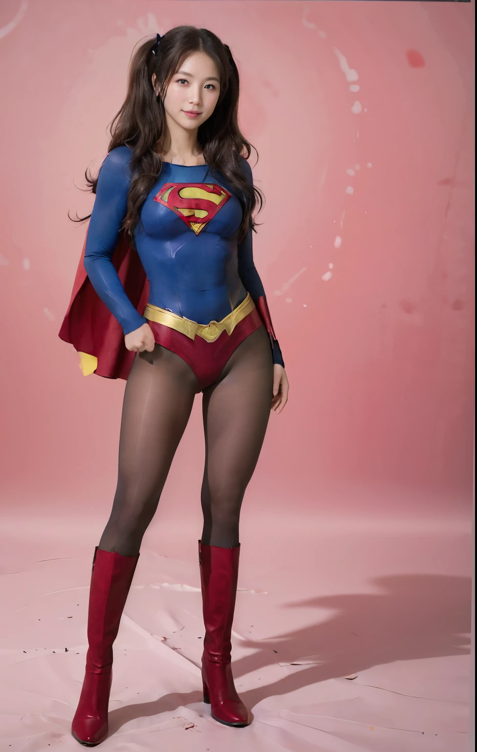 No background、(((Beautiful legs in black tights.)))、(((Legally express the beauty of your smile)))、((((Make the most of your original images)))、(((Supergirl Costume)))、(((Beautiful hair with twin tails)))、(((suffering)))、(((Please wear black tights....、Wear red boots)))、((Best image quality、8K))、((Highest quality、8K、masterpiece:1.3))、(((Preserve background )))、Sharp focus:1.2、Beautiful woman with perfect figure:1.4、Slim Abs:1.2、Wet body:1.5、Highly detailed face and skin texture、8K
