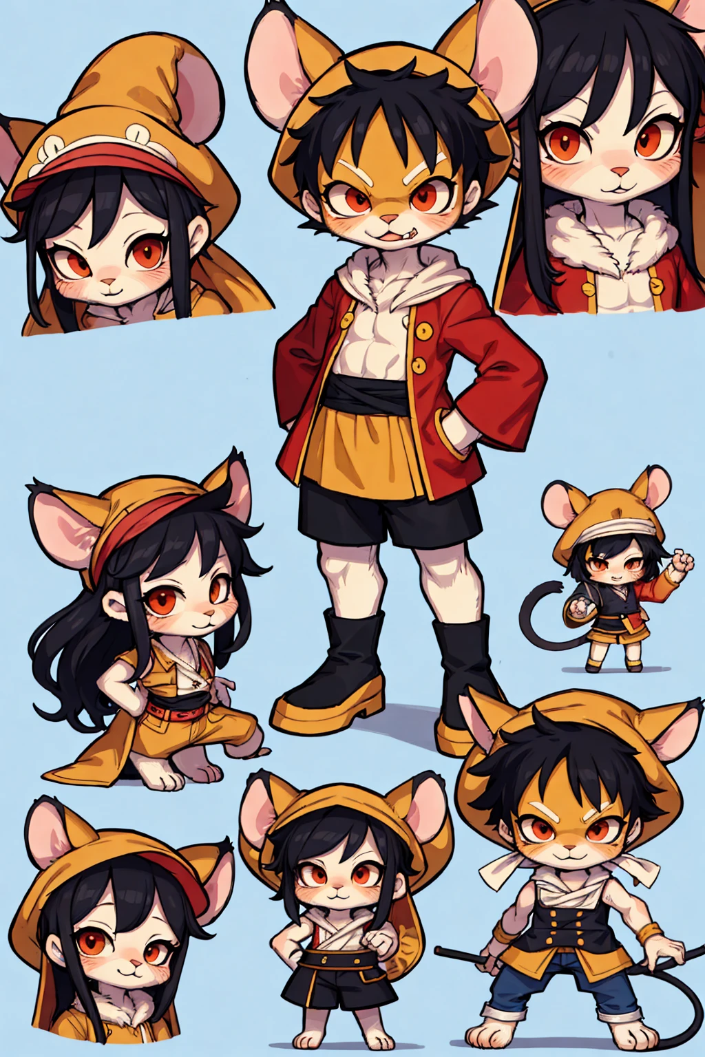 a cat warrior character, furry, (full body:1.2) , chibi, advanced digital chibi art, g liulian art style, maplestory mouse, bian lian, chibi art, league of legends art style, character art of maple story, ((view at the viewer)), (((luffy costume)))