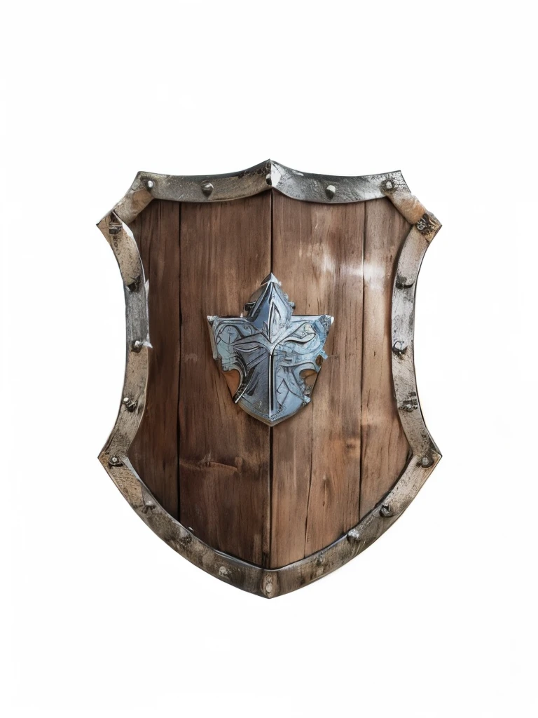 a close up of a wooden shield with rivets on a white background, fantasy shield, shield, a wooden, metallic shield, shield design, shield牌, shield emblem, Armor Plate, wooden, middle Ages, wooden armor, detailed, Solid, shields, silver, rural, in stock, wood, middle Ages weapon, wall wood fortress