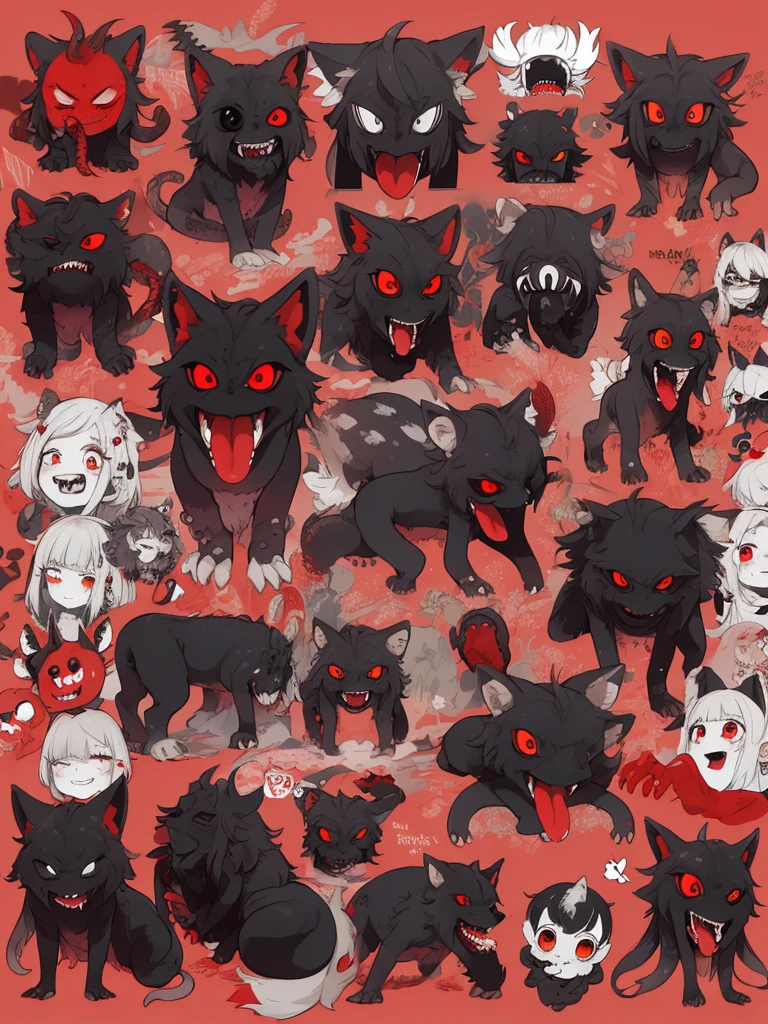 Non human monster with sharp teeth and multiple eyes around body main color black and red, black tentacles,  multiple rows of teeth, long tongue, for legged creature, horror, character sheet