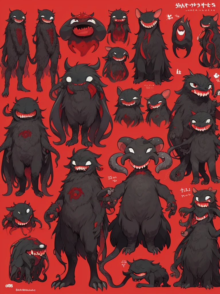 Non human monster with sharp teeth and multiple eyes around body main color black and red, black tentacles, multiple rows of teeth, long tongue, for legged creature, horror, character sheet