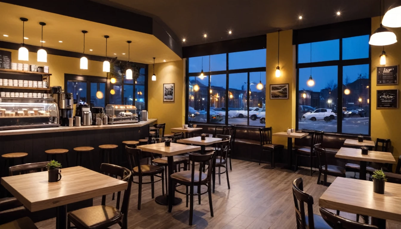  night frontal shot
coffee shop interior tables with coffee
cups and a big window in the center