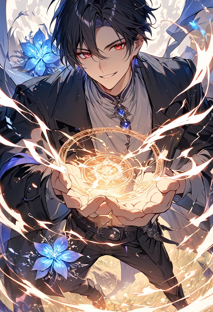 (Absurd, High resolution), (Panorama), male, very handsome, fly in the sky, Red eyes, short hair, Black Hair, smile, White clothes, Black trench coat, Black trousers, Black boots, (White magic streamer for hands), Medieval winds, Magic Flower, (Blue magic circle under your feet), Daytime, Ancient Wind, Soul Ring, exaggeration, Flames burn, lightning.