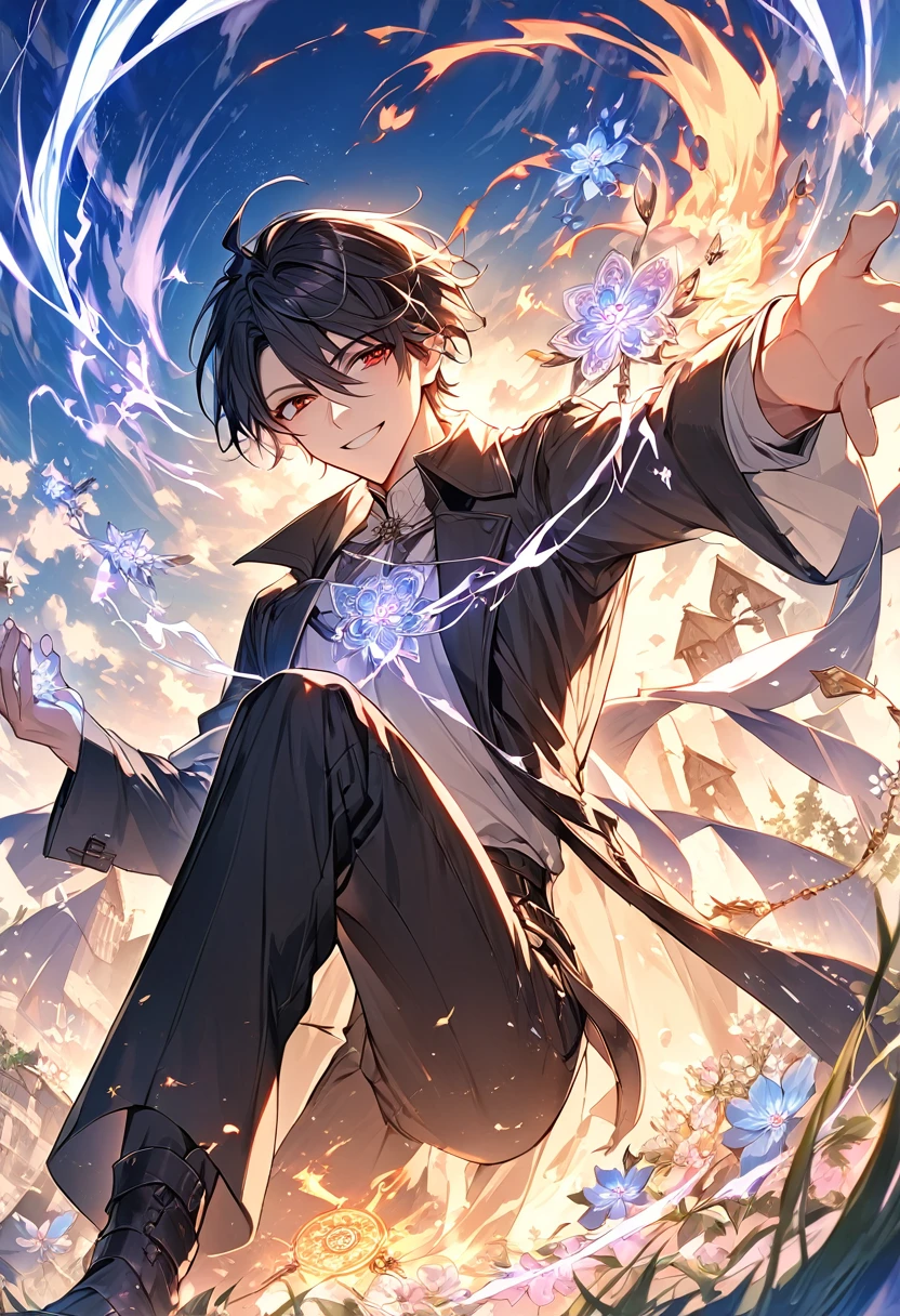 (Absurd, High resolution), (Panorama), male, very handsome, fly in the sky, Red eyes, short hair, Black Hair, smile, White clothes, Black trench coat, Black trousers, Black boots, (White magic streamer for hands), Medieval winds, Magic Flower, (Blue magic circle under your feet), Daytime, Ancient Wind, Soul Ring, exaggeration, Flames burn, lightning.