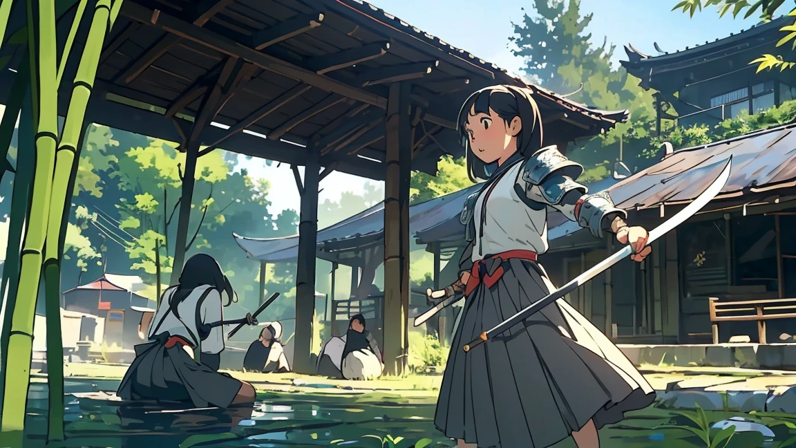 Girl doing kendo,It's a Japanese martial art like fencing using bamboo swords,bogu,kendogu,kendo training armor,bamboo sword ,Kendou Shinai,high school girl,((1people)),Stance,Front-facing angle,Bust-up composition,Chudan-no-kamae,