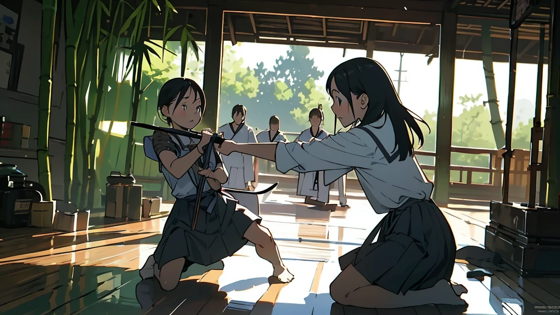 Girl doing kendo,It's a Japanese martial art like fencing using bamboo swords,bogu,kendogu,kendo training armor,bamboo sword ,Kendou Shinai,high school girl,((1people)),Stance,Front-facing angle,Bust-up composition,Chudan-no-kamae,
