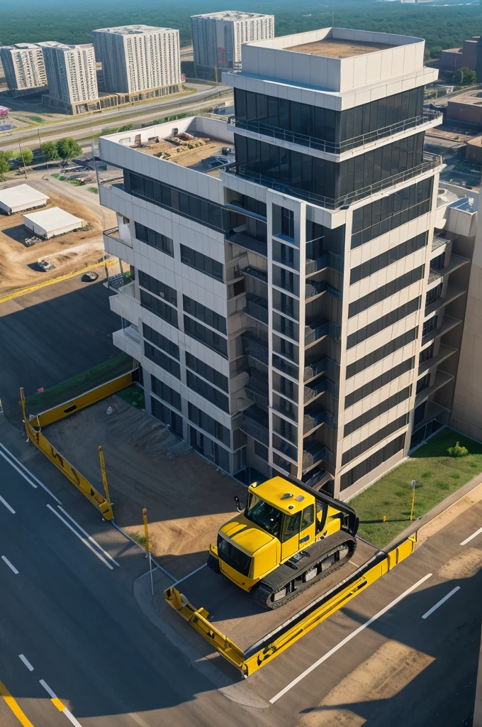 Create a high-definition image for the front page of a Building Information Modeling (BIM) portfolio, highlighting site logistics. The image should feature a construction site with high-rise buildings, showcasing detailed logistical planning. Include elements such as 3D site models, equipment placement, material staging areas, and worker coordination. Highlight advanced technology like augmented reality (AR) overlays, drone surveying, AI-driven logistics optimization, and smart construction equipment. Use vibrant colors and a clean, professional aesthetic to convey innovation and efficiency in construction site logistics."