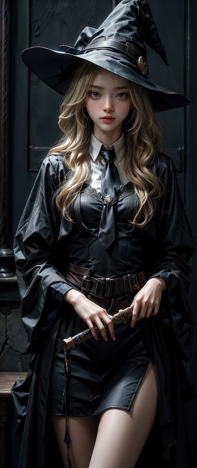 Witch Girl,Long, light blonde hair,Black-blue witch ,Wear a blue-black striped tie., Holding a magic wand to cast spells ,Highest quality, Highest picture quality, high resolution, realistic, 8K, Highly detailed,In a small dark medieval room