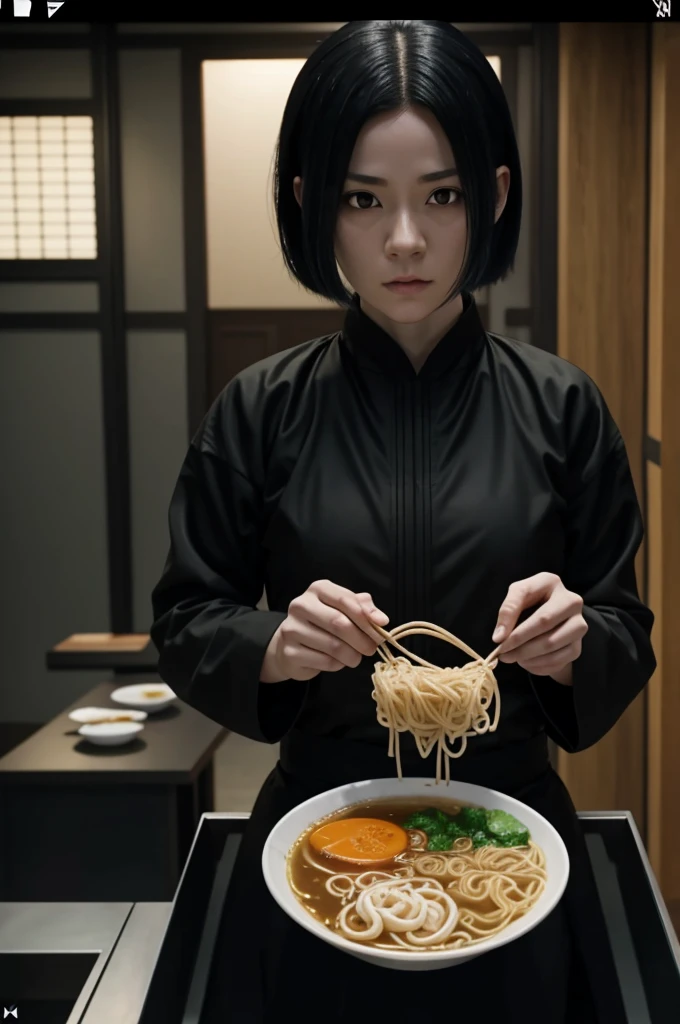 Screenshot of Jujutsu Kaisen, girl with pale skin, black hair and dark eyes, eating ramen