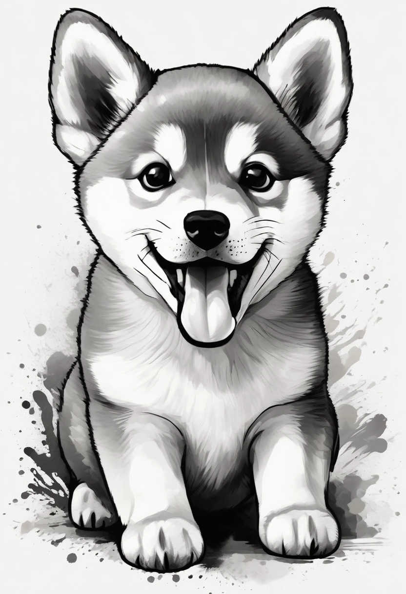 "Dynamic ink brushstroke style, black and white only: illustration by a professional illustrator, featuring a cute wolf pup or Shiba Inu, action shot, high detail, white background, sharp focus, full body, masterpiece, highly detailed, high quality, artistic sumi ink painting, Japanese style, icon, single animal. A crying Shiba Inu with very realistic fur depiction, surreal expression, artistic circular motif for an icon design. Features detailed whiskers, blue eyes, cheek whiskers, Japanese dog, Japanese-style design."